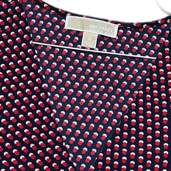Michael Kors Patriotic Blouse Red White Blue Dot Top Flowy Cross Over Sz M - Picture 1 of 6